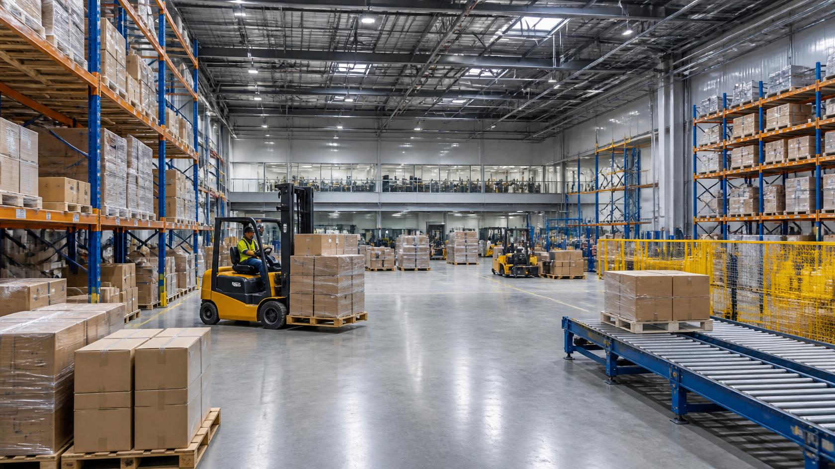 Warehouse interior with racked inventory